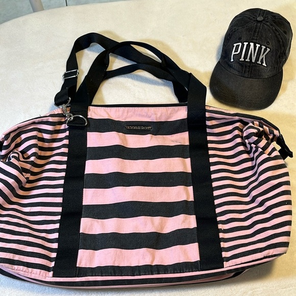Victoria secret weekender, tote, black, and pink with grey hat - Picture 1 of 9